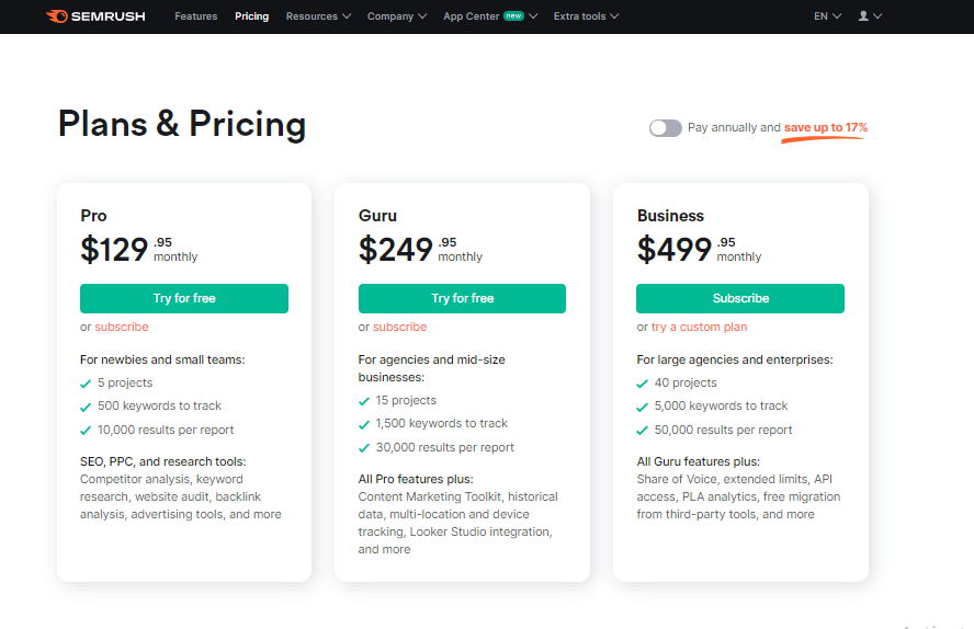 semrush pricing screenshot